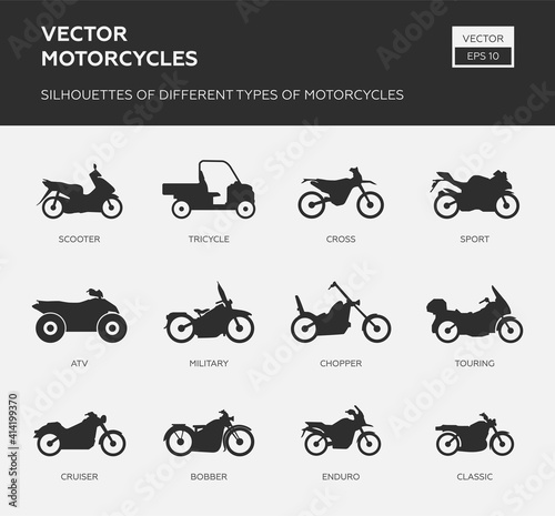 Set of different types of motorcycles. Vector icons. Flat style. Side view, profile.