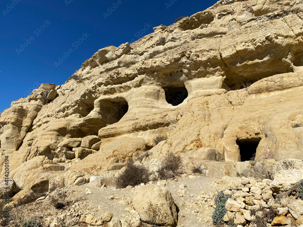 Matala, Crete, Greece - 23 October, 2020. Matala caves in Crete Island , very popular place for hippie people in 60-x