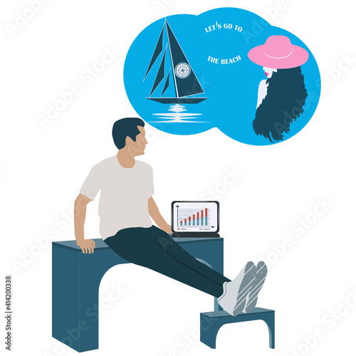 Businessman, freelancer, dreams of a trip to the sea and a girl - vector. Travel planning.