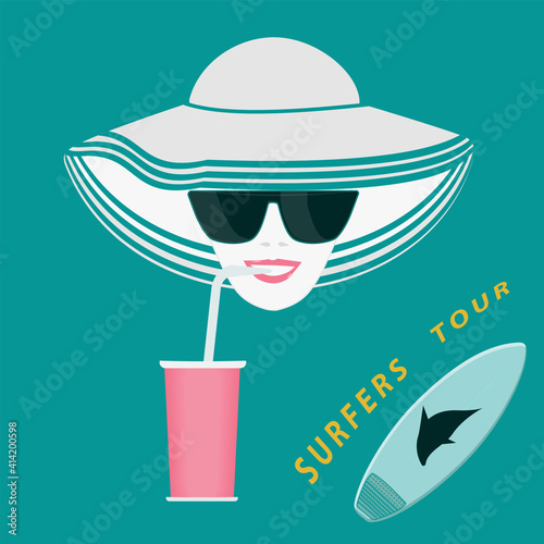 Girl in a hat, sunglasses, a paper glass with a tube,. Surfboard - vector. Travel planning. Sefing tour.