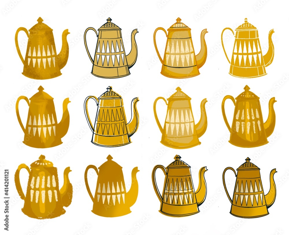 The yellow teapot is drawn in different ways.  Yellow object on an isolated background.