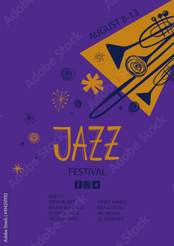 Colorful jazz poster with trumpets and trombone.