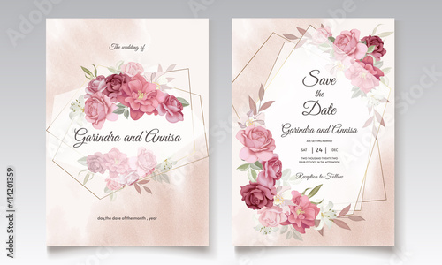  Beautiful floral frame wedding invitation card template Premium Vector