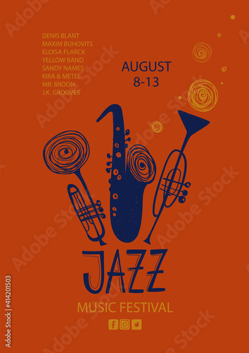 Colorful jazz poster with trumpets and saxophone.