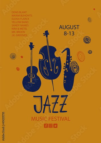 Colorful jazz poster with guitar, saxophone and double bass.