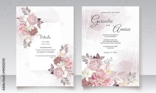  Elegant wedding invitation card with beautiful brown floral and leaves template Premium Vector