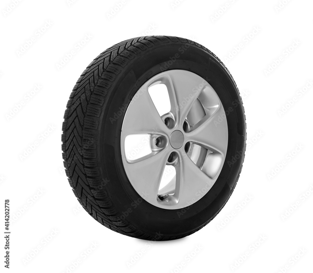 Wheel with winter tire isolated on white