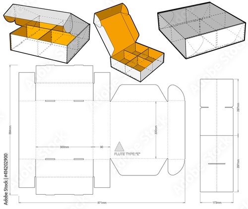 Box self assembly Flute Type E and Die-cut Pattern. Ease of assembly, no need for glue.  The .eps file is full scale and fully functional.