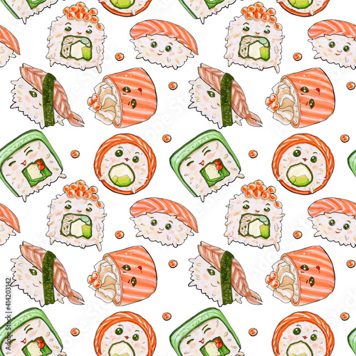 Seamless pattern with funny sushi and rolls