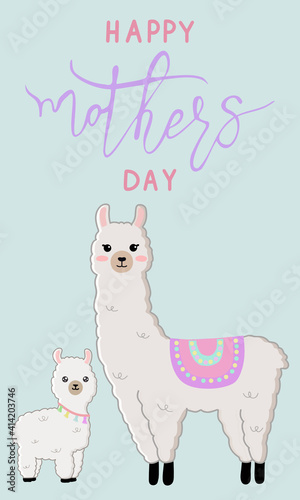 Vector cartoon card. Happy mother's day with llama family on blue background.