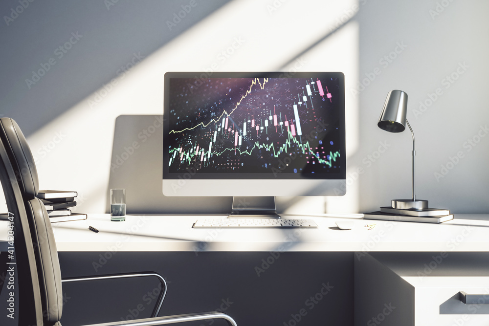 Abstract creative financial diagram on modern computer monitor, banking and accounting concept. 3D Rendering Abstract creative financial diagram on modern computer monitor, banking and accounting concept. 3D Rendering
