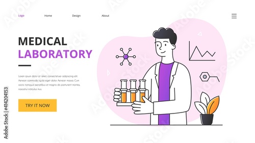Scientific research concept with young male laboratory assistant or scientist holding test tubes with biological material. Outline flat vector illustration. Website, web page, landing page template