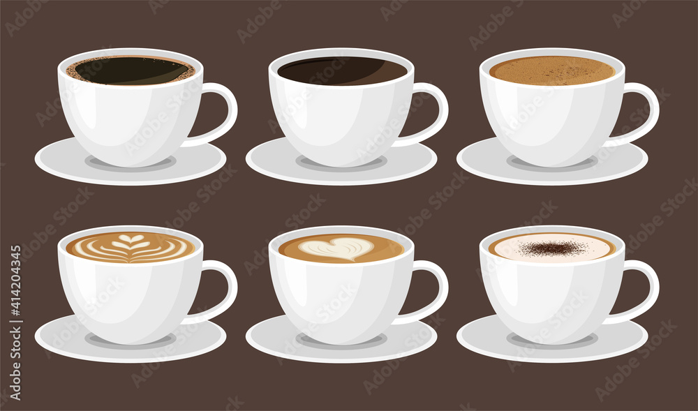 Hot coffee menu in white cups. Front view. Latte, cappuccino, americano, espresso, mocha, cocoa. Vector illustration.
Hot coffee menu in white cups. Front view. Latte, cappuccino, americano, espresso, mocha, cocoa. Vector illustration.