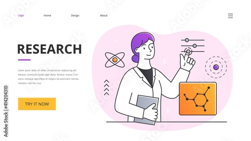 Scientific research concept with young woman scientist conducting a chemical or physical experiment. Outline flat minimal style vector illustration. Website, web page, landing page template