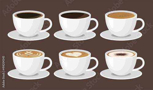Hot coffee menu in white cups. Front view. Latte, cappuccino, americano, espresso, mocha, cocoa. Vector illustration.	
