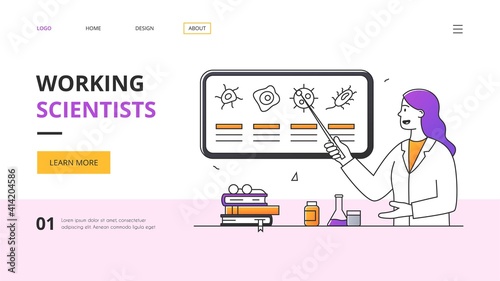 Scientific research concept with young woman scientist showing different types of viruses on screen. Outline flat minimal style vector illustration. Website, web page, landing page template