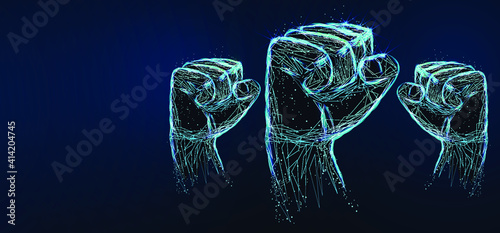 Raised hands. Digital low poly wireframe of futuristic vector. 