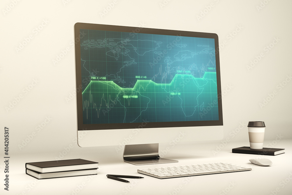 Computer monitor with abstract creative analytics data spreadsheet, analytics and analysis concept. 3D Rendering