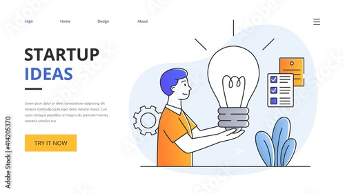 Startup abstract concept with young businessman holding light bulb in his hands. Outline flat minimal style cartoon vector illustration. Website, web page, landing page template