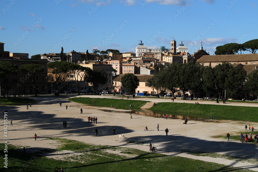 Circus Maximus, view of the Palatine Hill, cold Sunday afternoon in Rome.