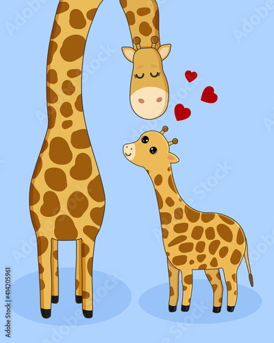 Fototapeta Naklejka Na Ścianę i Meble -  Vector cartoon card. Happy mother's day with giraffe family on pink background.