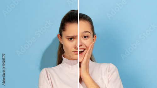 Offended and cheerful. Fun and creative combination of portraits of young girl with different emotions, various facial expression on splited studio background. Bipolar personality. Copyspace for ad.