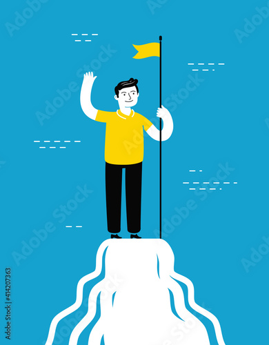 Businessman with flag on mountain peak. Business success concept vector illustration