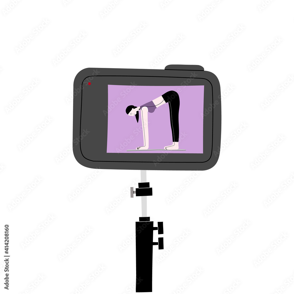 Video fitness blog vector handdrawn illustration. Woman character internet blogger making records with sport exercises to camera on tripod. Vlogging equipment. Isolated on white background.