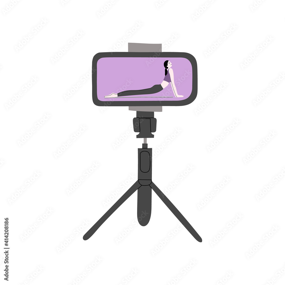 Video fitness blog vector handdrawn illustration. Woman character internet blogger making records with sport exercises to smartphone on tripod. Vlogging equipment. Isolated on white background.