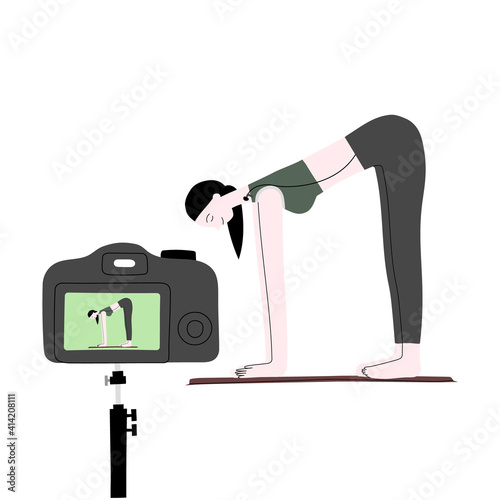 Video fitness blog vector handdrawn illustration. Woman character internet blogger making records with sport exercises to camera on tripod. Vlogging equipment. Isolated on white background.