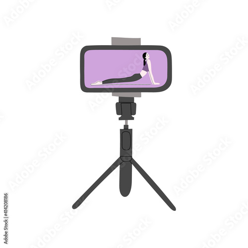 Video fitness blog vector handdrawn illustration. Woman character internet blogger making records with sport exercises to smartphone on tripod. Vlogging equipment. Isolated on white background.