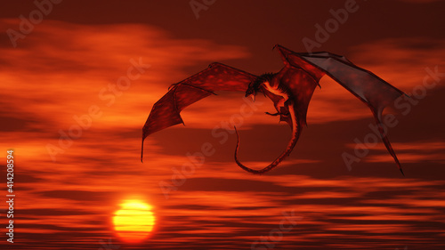 Fotografiet Red Dragon Attacking from a Vivid Orange Sunset Sky, 3d digitally rendered fanta