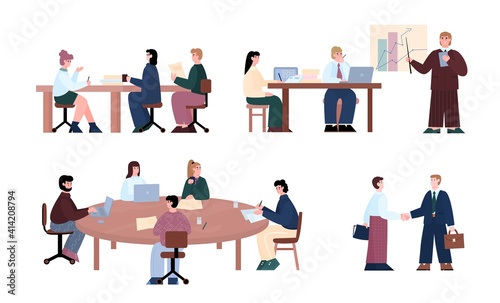 Business negotiations and conference set of characters, flat cartoon vector illustration isolated on white background. Groups of businessmen during negotiation meeting.