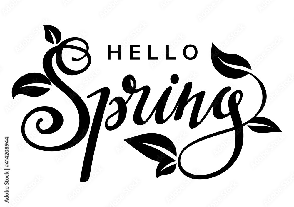 Obraz premium Hello spring lettering with leaves. Vector illustration