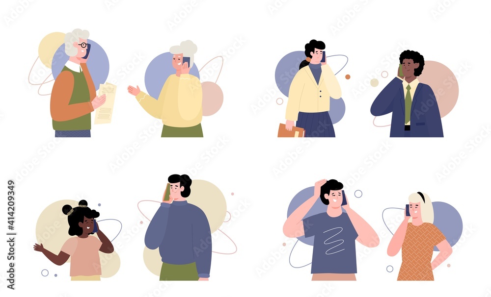 Collection people speaking on mobile phone. Dialog, talking and communication of men, women and kids via smartphone. Flat vector illustrations isolated on a white background. Collection people speaking on mobile phone. Dialog, talking and communication of men, women and kids via smartphone. Flat vector illustrations isolated on a white background.