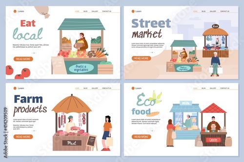 Stalls of local market with sellers and buyers. Street shops with fresh farmers organic food. Landing page templates with small business concept. Flat vector illustrations.
