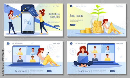 Set of web design. Women with laptop and phone, payment terminal, jar wit golden coins. Freelance, finance, bank savings, profit concept. Vector illustration for poster, banner, website development.
