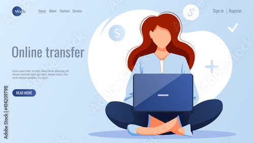 Web design. Woman sitting with laptop and working online. Freelance, finance, online transfer, working online concept. Vector illustration for flyer, poster, banner, website development.