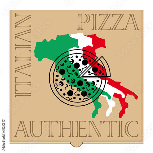 Boite pour la livraison de pizza, fermée et vue de dessus, décorée d’une illustration simplifiée de pizza, de la carte de l’Italie au couleur de leur drapeau et de typographies graphiques.