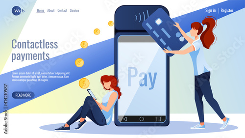 Payment terminal. Woman with credit card and woman with phone are paying. Online transfer, banking, contactless payments concept. Vector illustration for poster, banner, website development. 