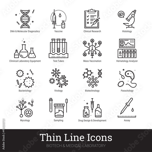 Viruses, bacterial infection, biotechnology, medical laboratory thin line icons. Vector set of high tech medicine science. Virology study, microbiology assay, genetics pictograms. Editable stroke.