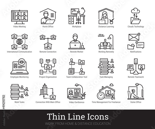 Home office, freelance, distance learning, remote teamwork thin line icons. Businessman, work from home, clouds technology, management linear logo concept for web, mobile application. Editable stroke.