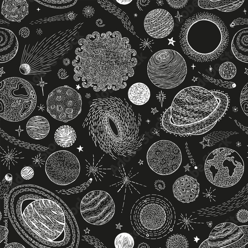 Space doodles pattern. Sketch space planets, hand drawn. vector seamless pattern	