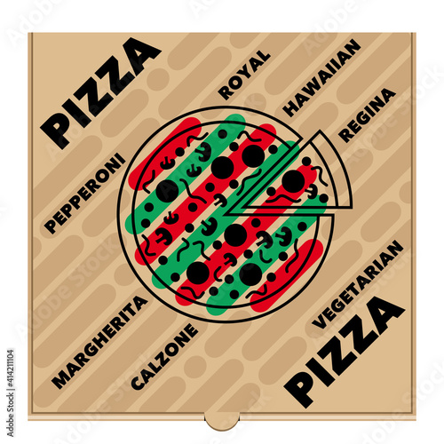 Boite pour la livraison de pizza, fermée et vue de dessus, décorée d’une illustration et de textes de noms de variétés de pizzas. photo