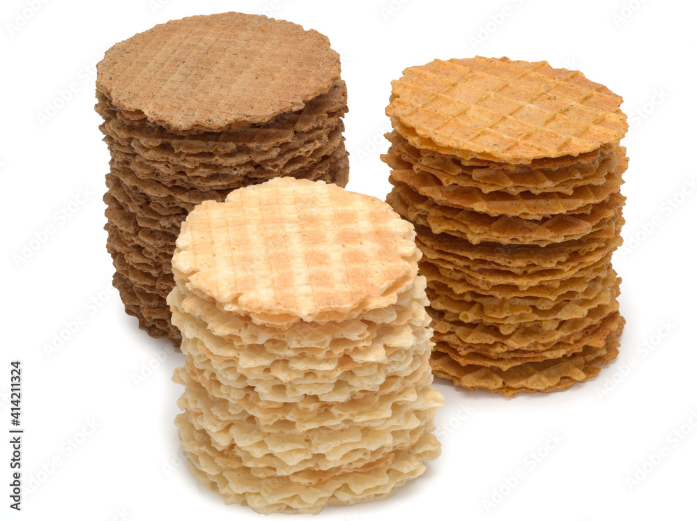 Stack of not sweet crispy wafers with different flavors isolated on white background Stack of not sweet crispy wafers with different flavors isolated on white background