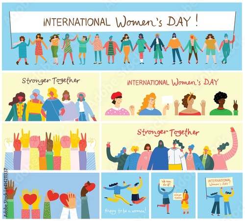 Diverse international and interracial group of standing women. For girls power concept, feminine and feminism ideas. Vector illustration.