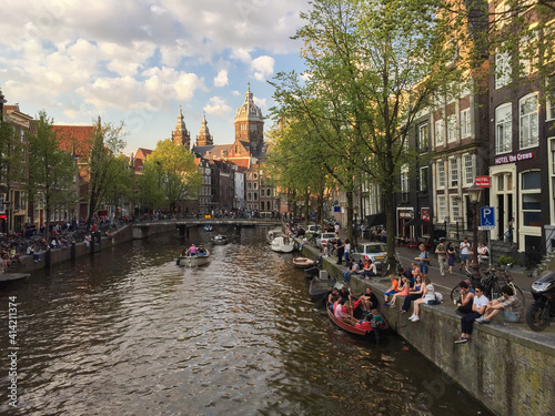 View of canals and streets in Amsterdam in spring Fototapeta