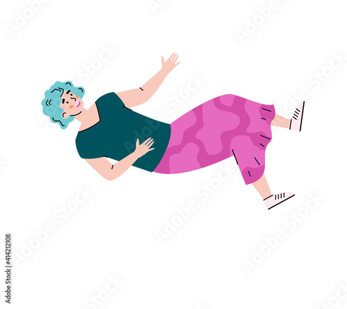 Freedom flight of inspired young woman in imagination or dreams. Female character floating, flying, moving or falling in air space or sky. Flat vector isolated illustration.