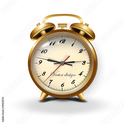 Realistic gold metal alarm clock. Vector illustration on white background
