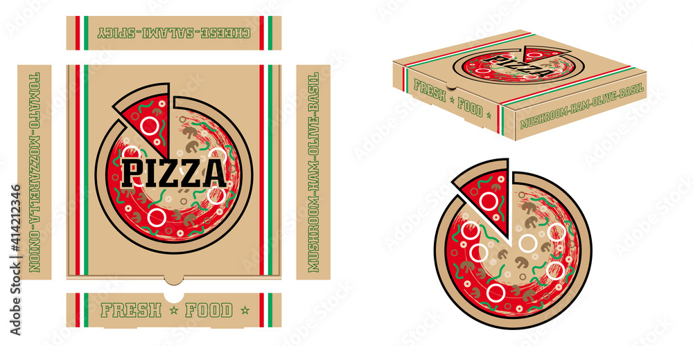 Boite fermé pour la livraison de pizza vue de dessus et de profil, décorée d’une illustration de pizza sur le couvercle et la liste des produits utilisés sur les côtés.